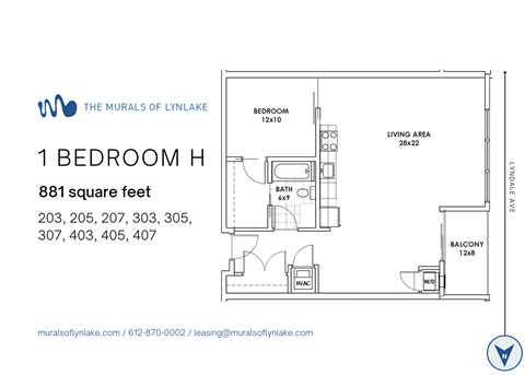 Floor plan for 1 bed, 1 bath, 881 sqft